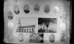 Tavla med flera foton: Floby kyrka, exteriör, interiör, Prästgården samt präster.