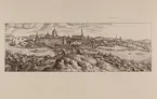 Reproduktion av kopparstick. Vy över Stockholm utförd av Frans Hohenberg 1588. Originalet finns på Kungliga Myntverket.