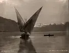 Segelbåt på Lac Léman (Genfersee, Lac de Genève) med berget Dents du Midi i bakgrunden.