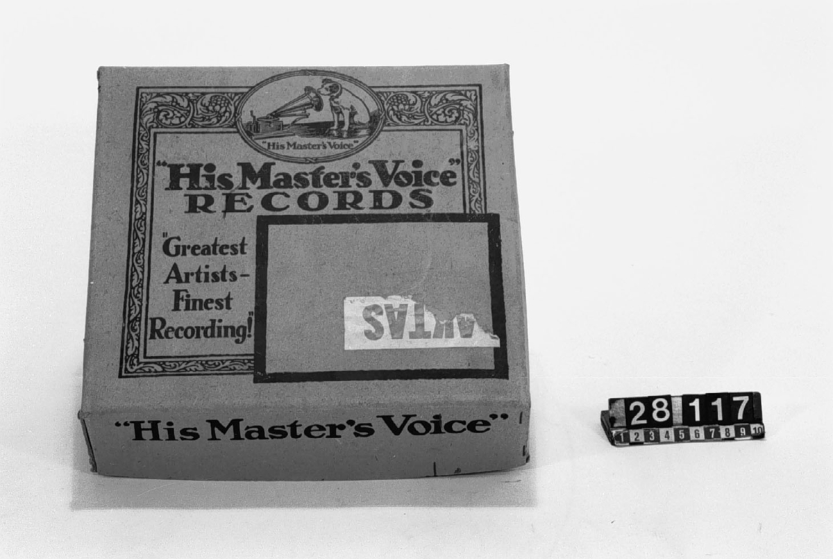 Originalkartong för grammofonskivor av märket "His Master's voice" med 25 cm diameter.