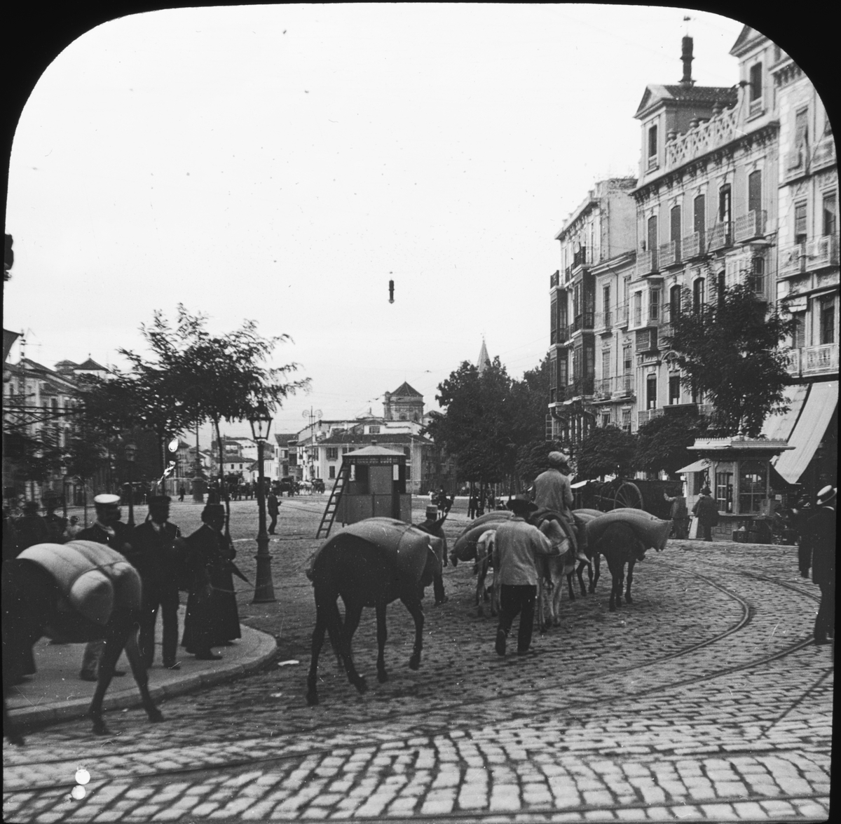Skioptikonbild med motiv packae åsnor på gatan Puerta Co del Genil, Granada.
Bilden har förvarats i kartong märkt: Höstresan 1910. Landskap 2. Granada 7. No 6.Text på bild: " Puerta Co del Genil".