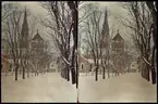 Lumières-stereo-autokromer. Uppsala domkyrka i vinterskrud.