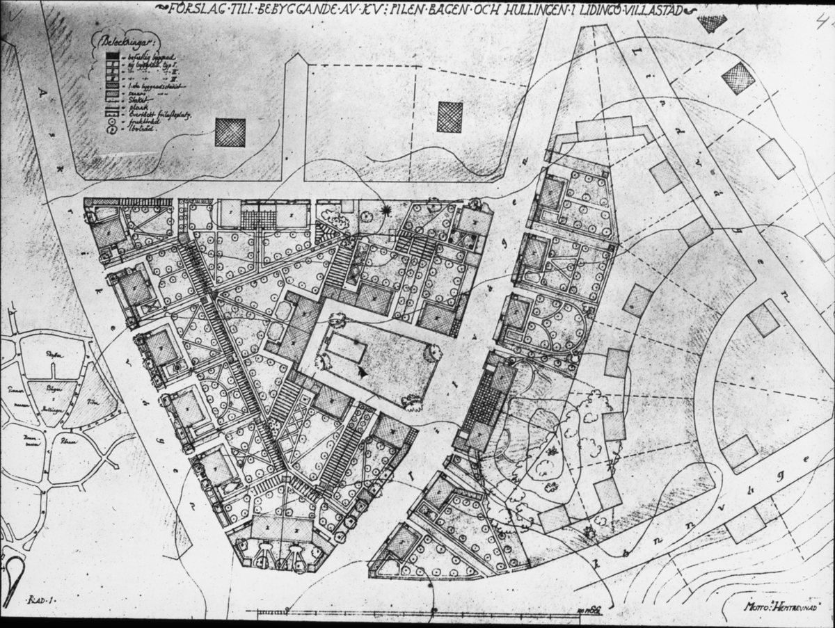 Bild från Ingenjör P. Wretblads material för Bygge och Bo-utställningar.
Planläggningsritning, bostadsområdet, Lidingö.
"Situationsplan Hemtrevnad".