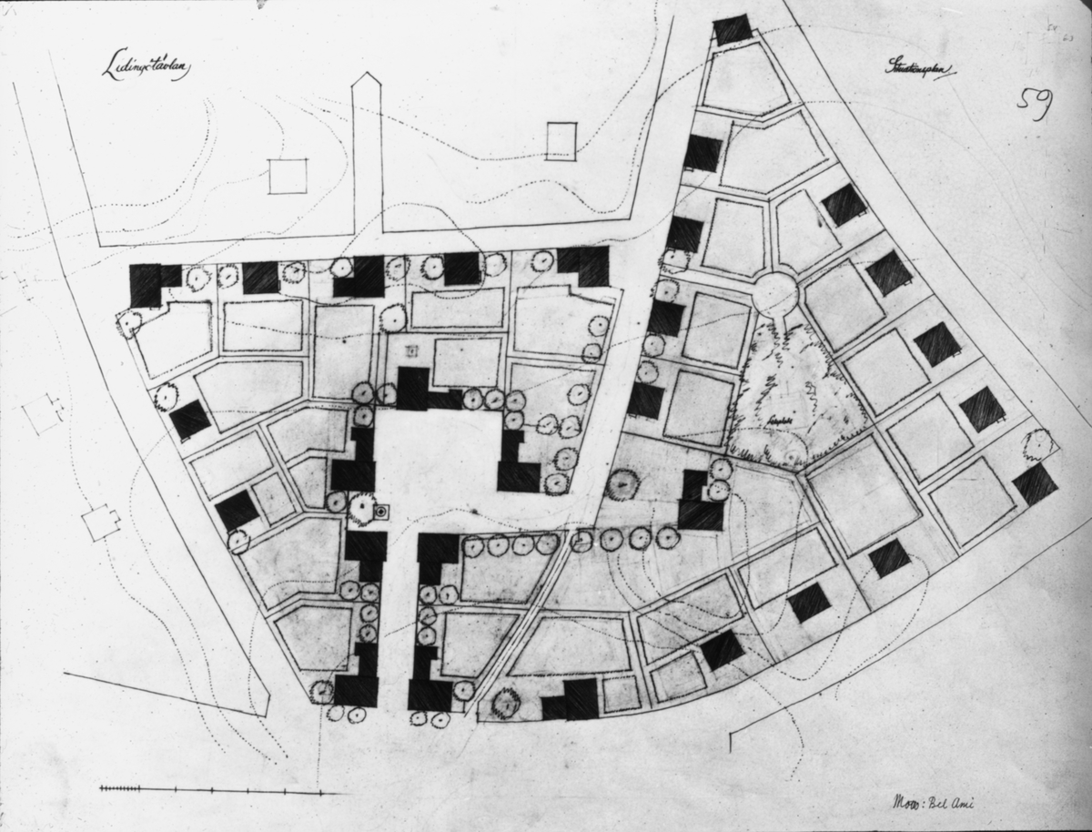 Bild från Ingenjör P. Wretblads material för Bygge och Bo-utställningar.
Planläggningsritning, bostadsområdet, Lidingö. "Situationsplan Bel Ami".