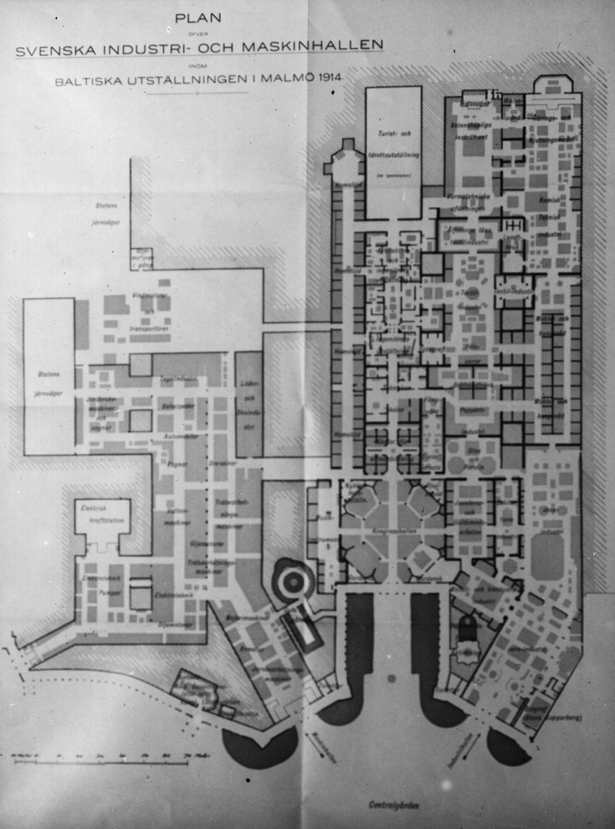 Skioptikonbild med motiv från Baltiska utställningen i Malmö 1914, konstindustri- och hantverksutställning. Karta över svenska industri- och masinhallen.