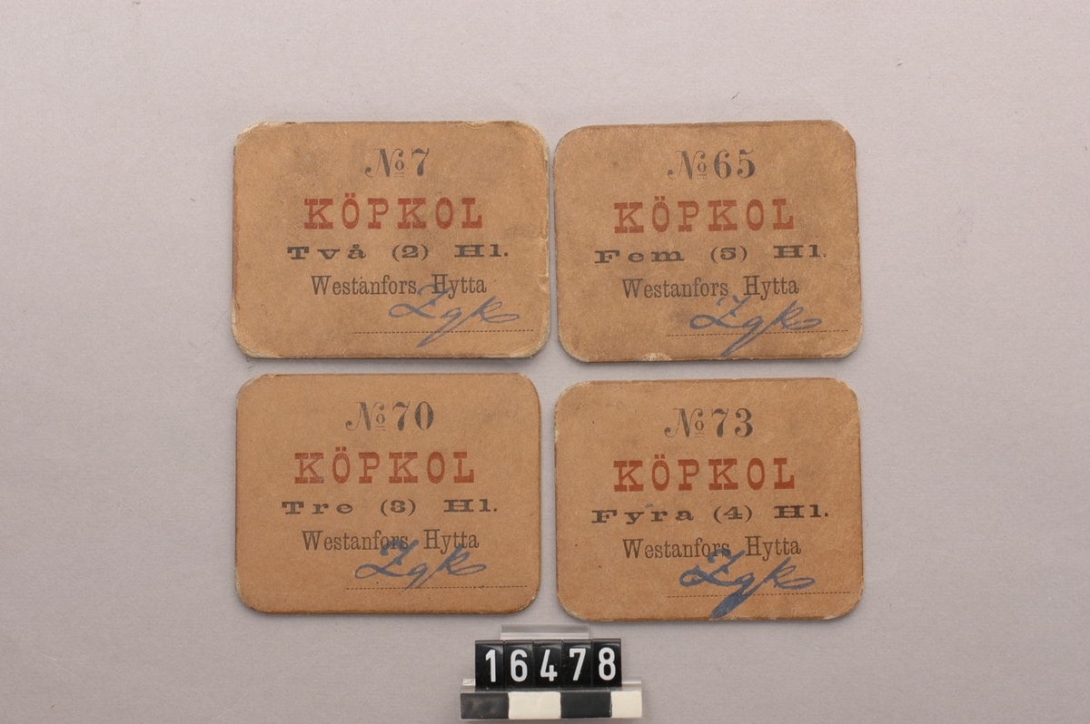 4 st kolplletter av brun papp, för köpkol, stämplade "ZgK". Resp. 2,3,4 och 5 hl.