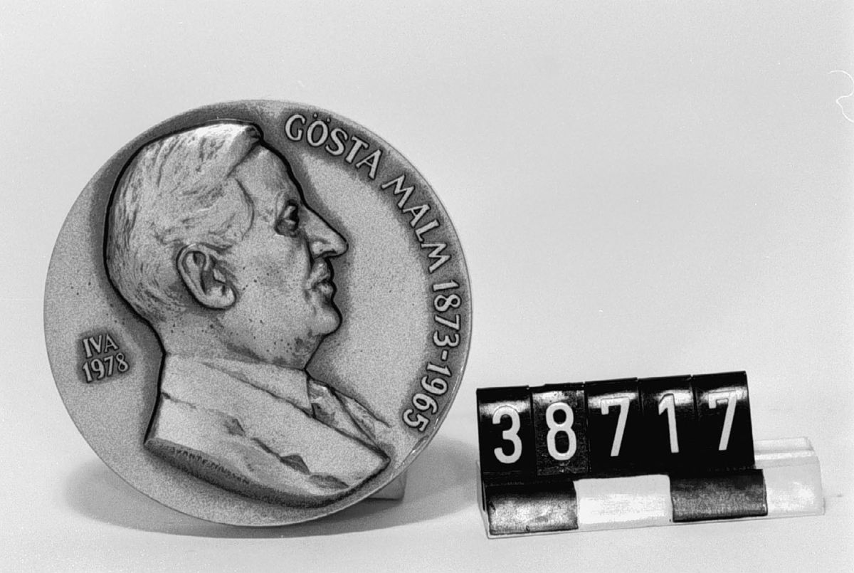 IVA's minnesmedalj 1978 i brons. Åtsidan: bröstbild i relief med texten "Gösta Malm 1873-1965 IVA 1978". Frånsidan: texten "När livet varit som bäst har det arbete och möda varit." I etui klätt med mörkblått konstläder. Medaljens åtsidan är en replik av den av skulptör Svante Nilsson utförda medaljen vid Malms pensionering från Vattenfallsstyrelsen 1938. Folder med biografi inneliggande.