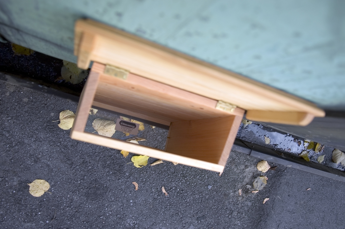 Postlåda av trä med genomskinlig botten i plexiglas. Den genomskinliga botten medför att problem med tvestjärtar och myror i lådan elimineras eftersom dessa är ljusskygga och bottnen släpper in ljus.