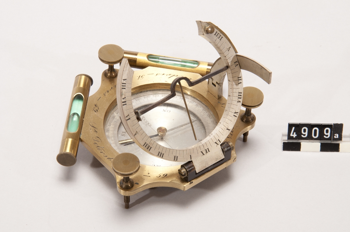 Resesolur med bestämning av latituden och kompassens missvisning. Med en lapp med anteckning.: "Åkers Styckebruk 59Â° 14' 15" nordlig bredd, 58' vestligt från Stockholms observat. Magnetnålens missvisning 14Â° vestligt, då middagslinien bestämdes efter polstjer- nan 8 Januari 1878. Magnetnålen som användes, icke nog qvick, troligen afvägd på lägre breddgrad då den här incliner märkbart."  Kallades även "Solvisare" (I F.J. Bergs kataloger).