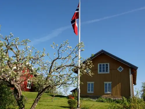 Eidskog bygdetun, Almenninga. Oversiktsbilde av gårdsplassen med sennepsgule Austun i bakgrunn. Midt på bildet er det en flaggstang. I forgrunn ser vi et epletre.