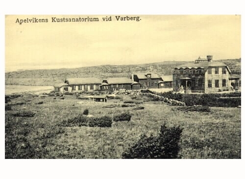 Vykort, "Apelvikens Kustsanatorium vid Varberg." Ekonomibyggnad med vårdpaviljongerna 1 och 2.