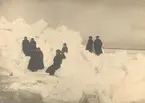 Snö och isvinter, personer sittande och stående på stora isflak.