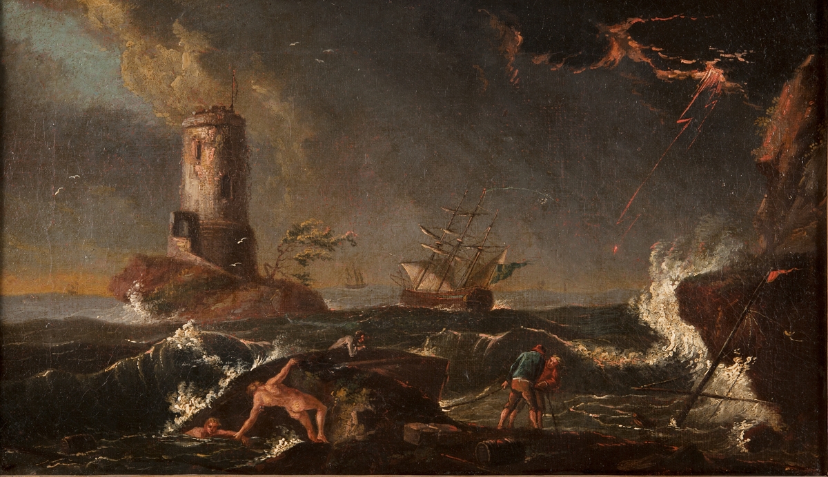 I förgrunden klippig kust med hög, brytande sjö, två nakna och tre klädda män vrakgods och vrakspillror. I bakgrunden tornbyggnad på en klippö, svensk fregatt under stormsegel, ovädersmoln med blixt.

Bronserad ram.
