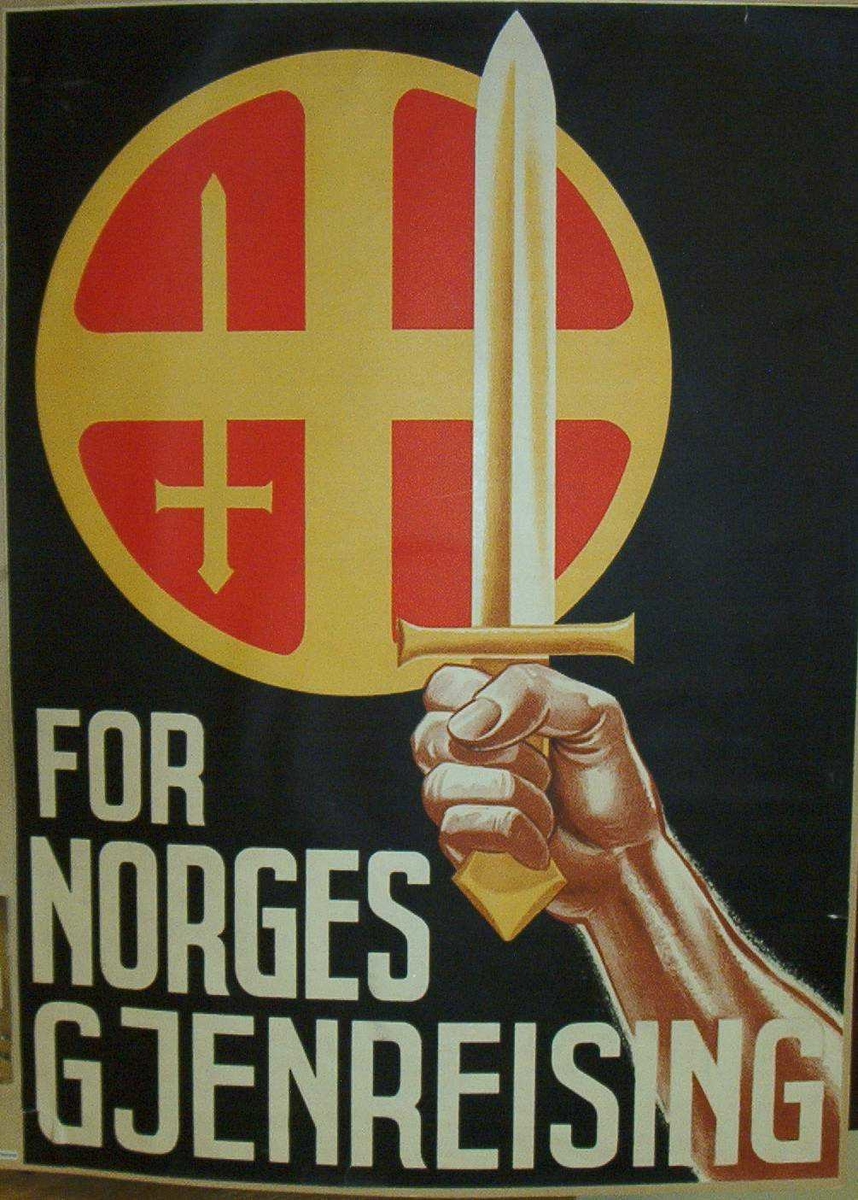 Hevet arm med sverd i hånden.  Solkorset i bakgrunnen.