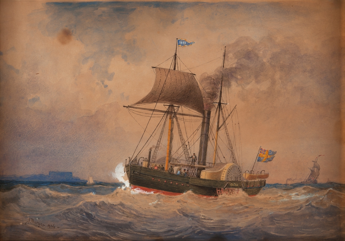 Hjulångfartyget Götha, skonertriggad under gång, babordssidan. Yngre unionsflagg. Grönt skrov.