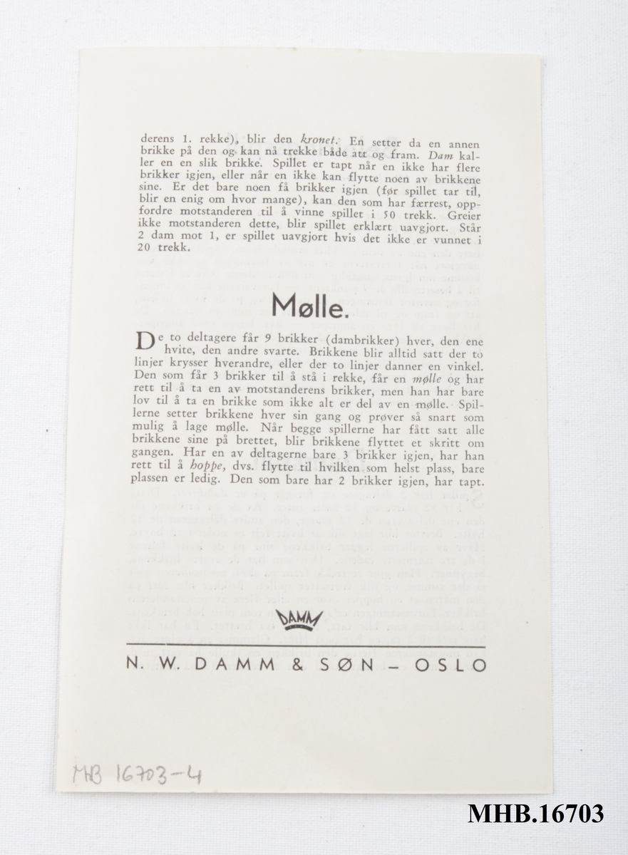 Spilleregler til spillet Dam og mølle.