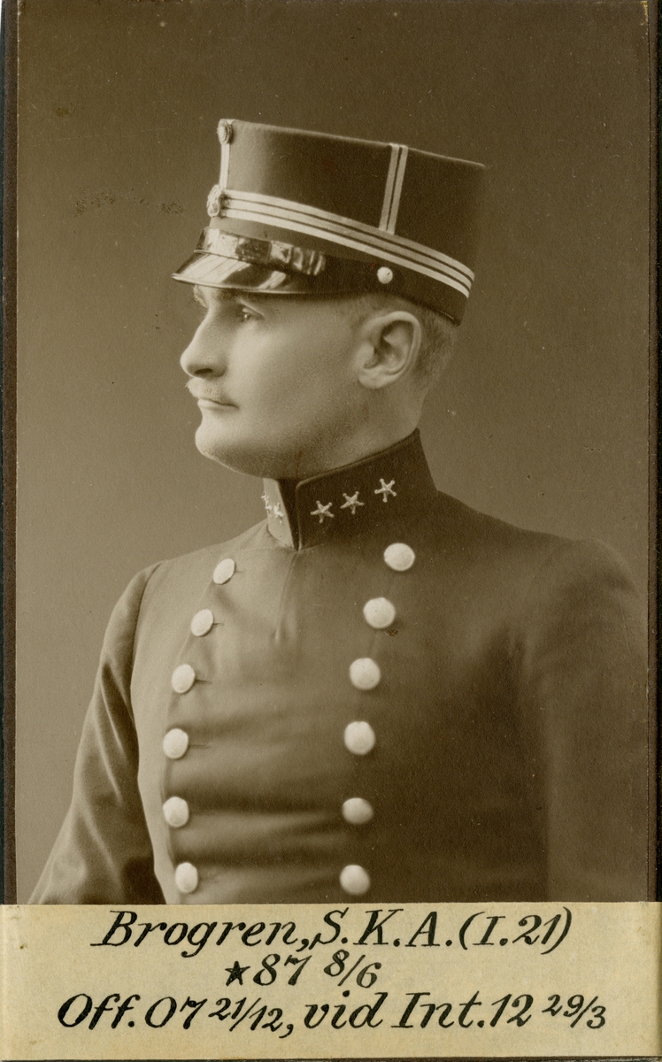 Porträtt av Sven Kristian August Brogren, officer vid Kalmar regemente I 21 och vid Intendenturkåren.