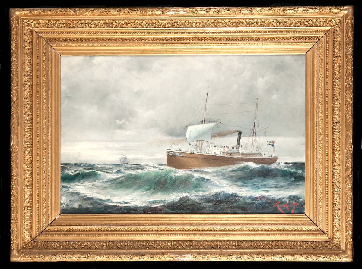 Oljemålning på duk i kilram. Ångfartyget "Norrbotten", skonertriggat, förande råsegelfock.
Brunt skrov, vita överbyggnader. Namnet Norrbotten på bogen och på förkant av kommandobryggan.