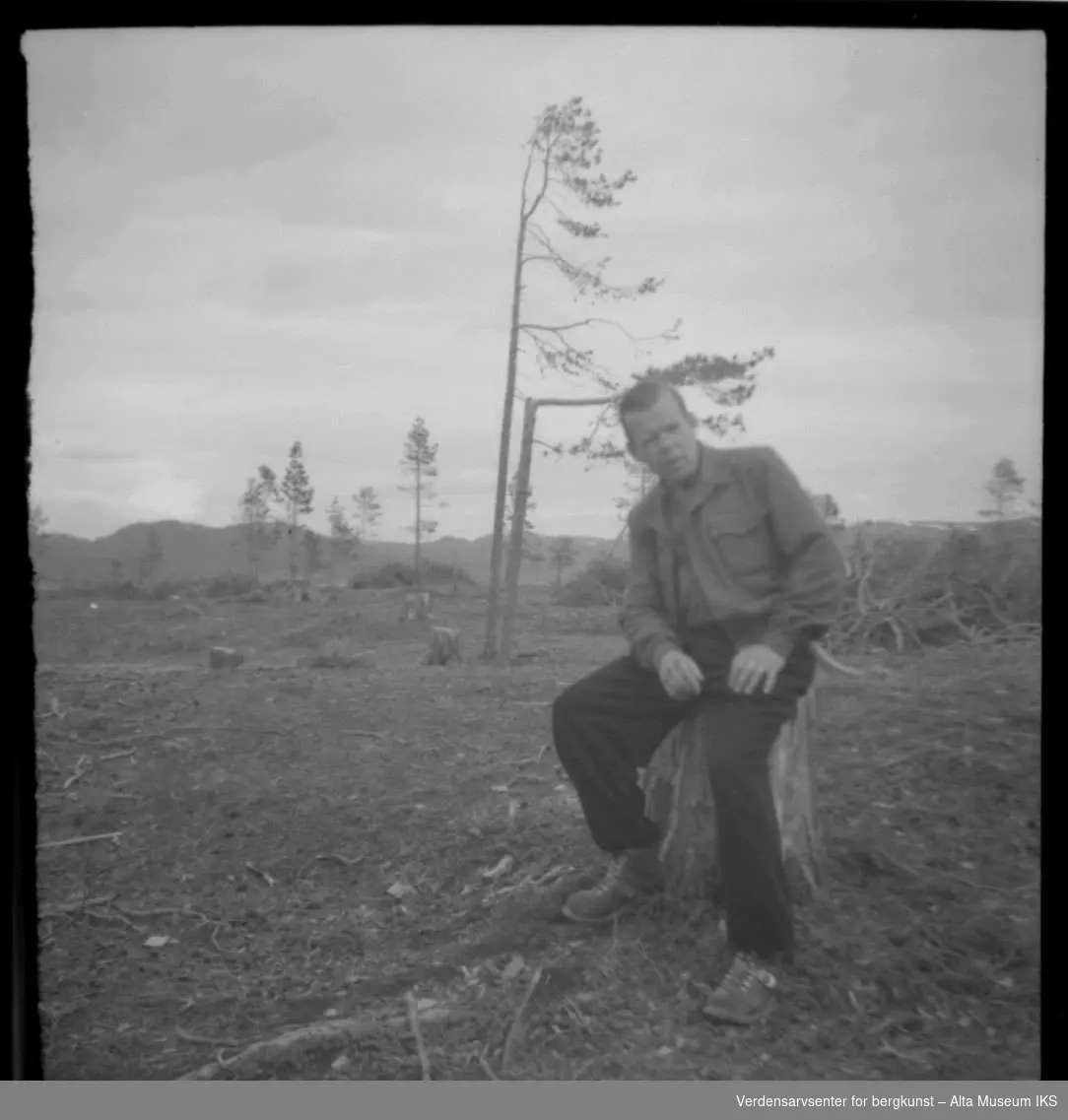 Mann sitter på stubbe i en nedhogget skog