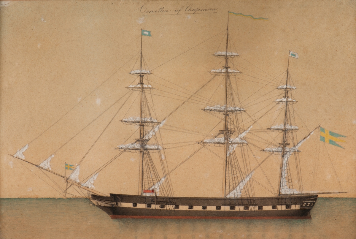3-mastad korvett,  seglen beslagna, förande gös och flagg under gaffeln, nya svenska flaggan.
Eventuellt är en de blå-vita flaggorna Sjömannasällskapet i Stockholms (1835-1840) flagga.