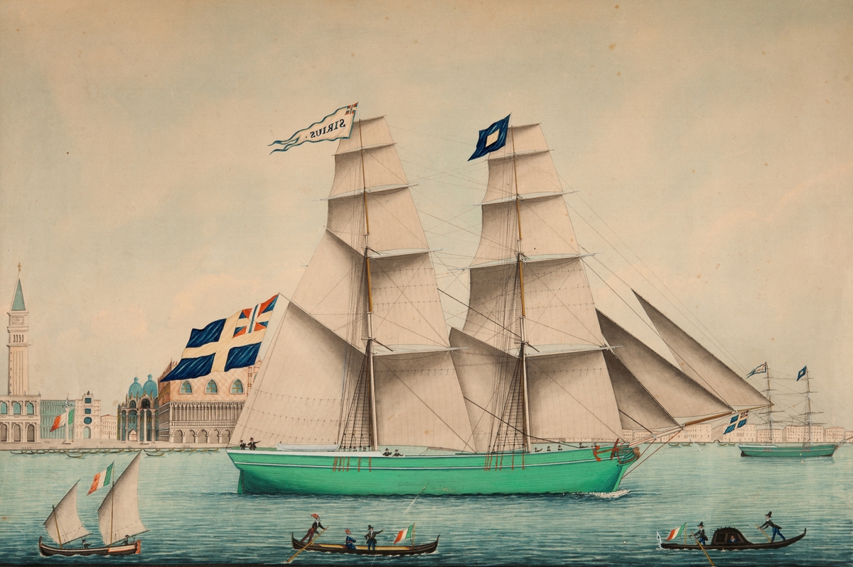 "Briggen SIRIUS, Capten, F.T. Neukerck, 1849". Fartyget ligger för styrbords halsar med alla segel satta. Få förtoppen signalen P. På stortoppen namnvimpel och under gaffeln svensk flagg med unionsmärke. Fartyget seglar i hamnen i Venedig, i bakgrunden staden.
Sign.: "Gio.Luzzo of Venice 1849".