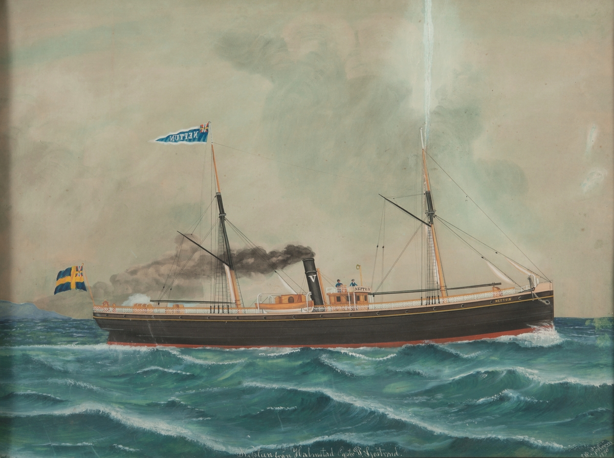 "S/S NEPTUN från Halmstad. Captn. P. Sjöstrand", sett mot styrbordssidan, svart flushdäckat skrov med rak stäv, svart skorsten med vitmålat V. På bryggans framkant fartygets namn, på stortoppen namnvimpel, akterut svensk flagg med yngre unionsmärket.