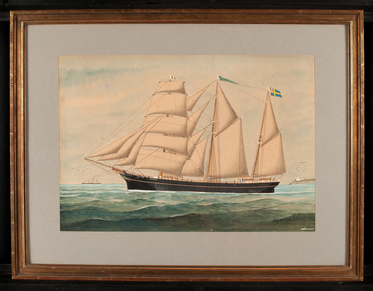 Skonertskeppet INGEBORG. Fartyget ligger bidevind för styrbords halsar, visande läsida samt förande alla segel. Svartsmålat skrov med gul skarndäckslist. På mesantoppen svensk flagga med unionsmärke. På mellersta masten Namnvimpel.  Till höger i bakgrunden ett av North Shields Lighthouses - konstnärens signum.