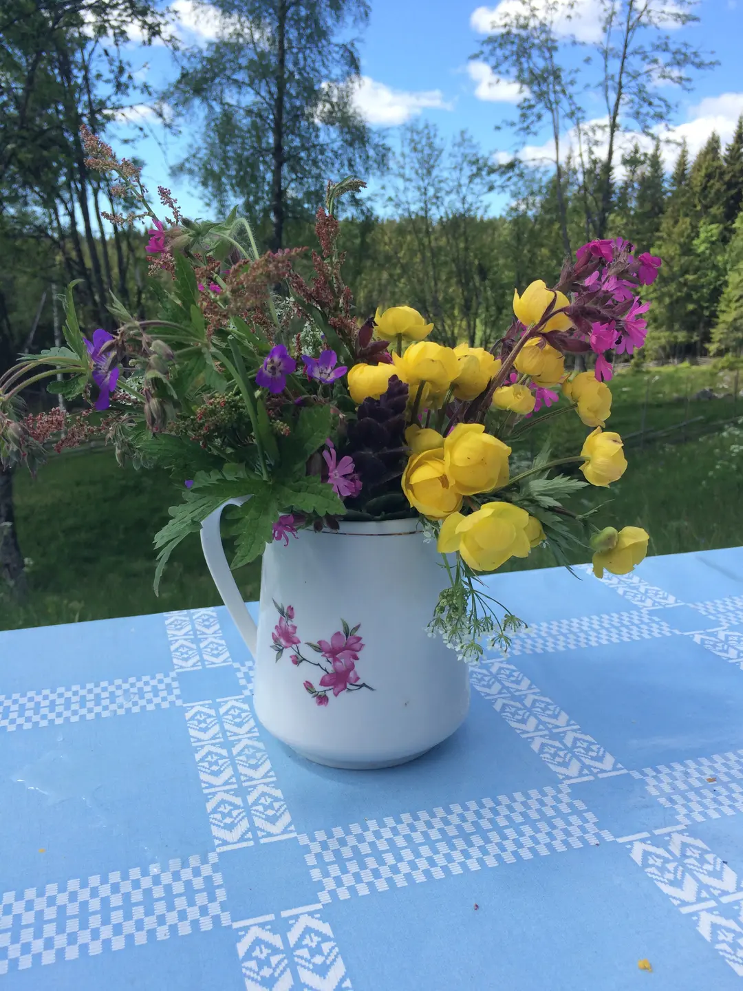 Markblomster og sommeridyll i Skålbergsætra. Markblomstene står i en hvit vase på en blå duk. Bak ser man setervangen og skogen.