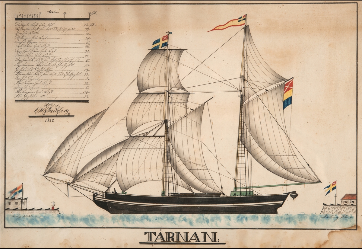Skonerten TÄRNAN med satta segel, visande babords sida. Svensk flagg med unionsmärke av äldre typ. Till vänster fortet: "Kongs Hollmen", till höger: "Drottningskär". Uppe i vänstra hörnet en beskrivning av fartygets alla delar med mått, fartyget troligen skalenligt avtecknat.