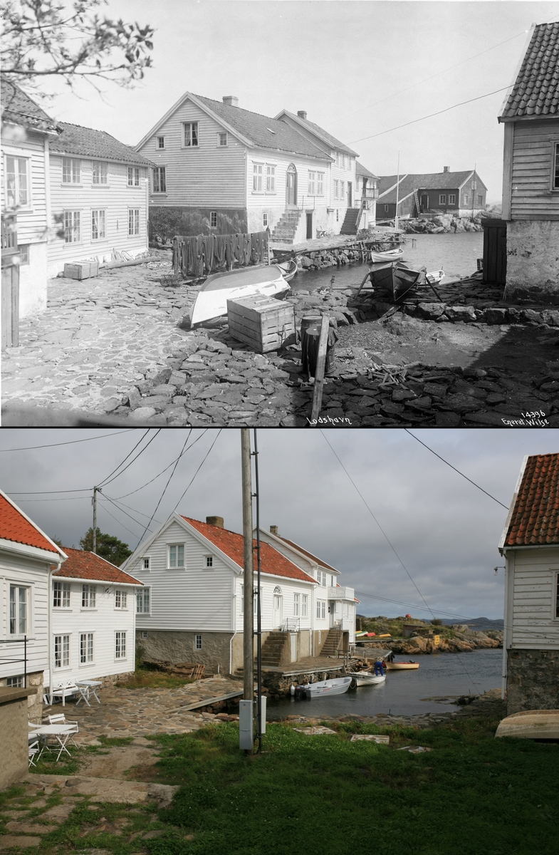 Refotografering. Loshavn ved Farsund, Vest-Agder. Fotografert 1912 og 2007. Husene er bevart og restaurert, bortsett fra det bakerste som er revet. Fiskegarn henger ikke lenger til tørk.