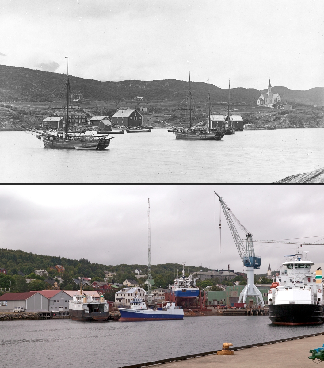 Refotografering. Parti fra Sandnessjøen i Nordland. Sandnessjøen(Stamnes) kirke i bakgrunnen. Fotografert 1885 og 2006. Det er nå bygget havneanlegg, bolighus i åssiden, og seilskip er byttet ut med motorskip.