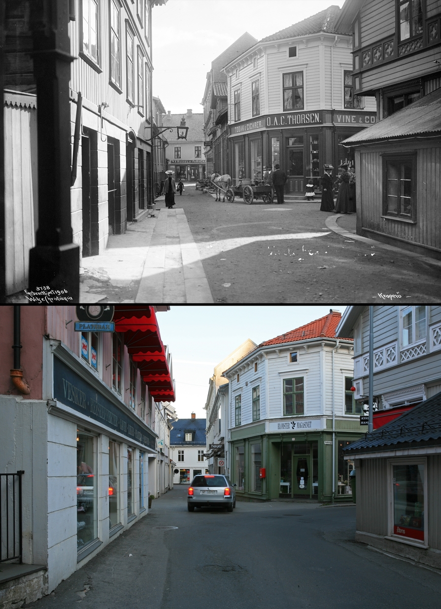 Refotografering. Parti fra Storgata i Kragerø på Kragerø, Telemark. Fotografert 1906 og 2008. Bygningene er stort sett de samme, men hestekjøretøyet er skiftet ut med bil.