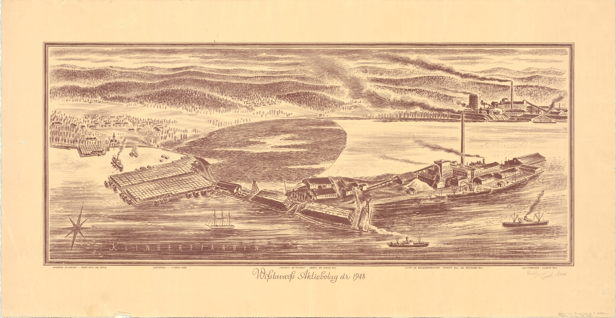 Plansch över Wifstavarfs AB år 1948.
Osignerad teckning över fabriksområdet.