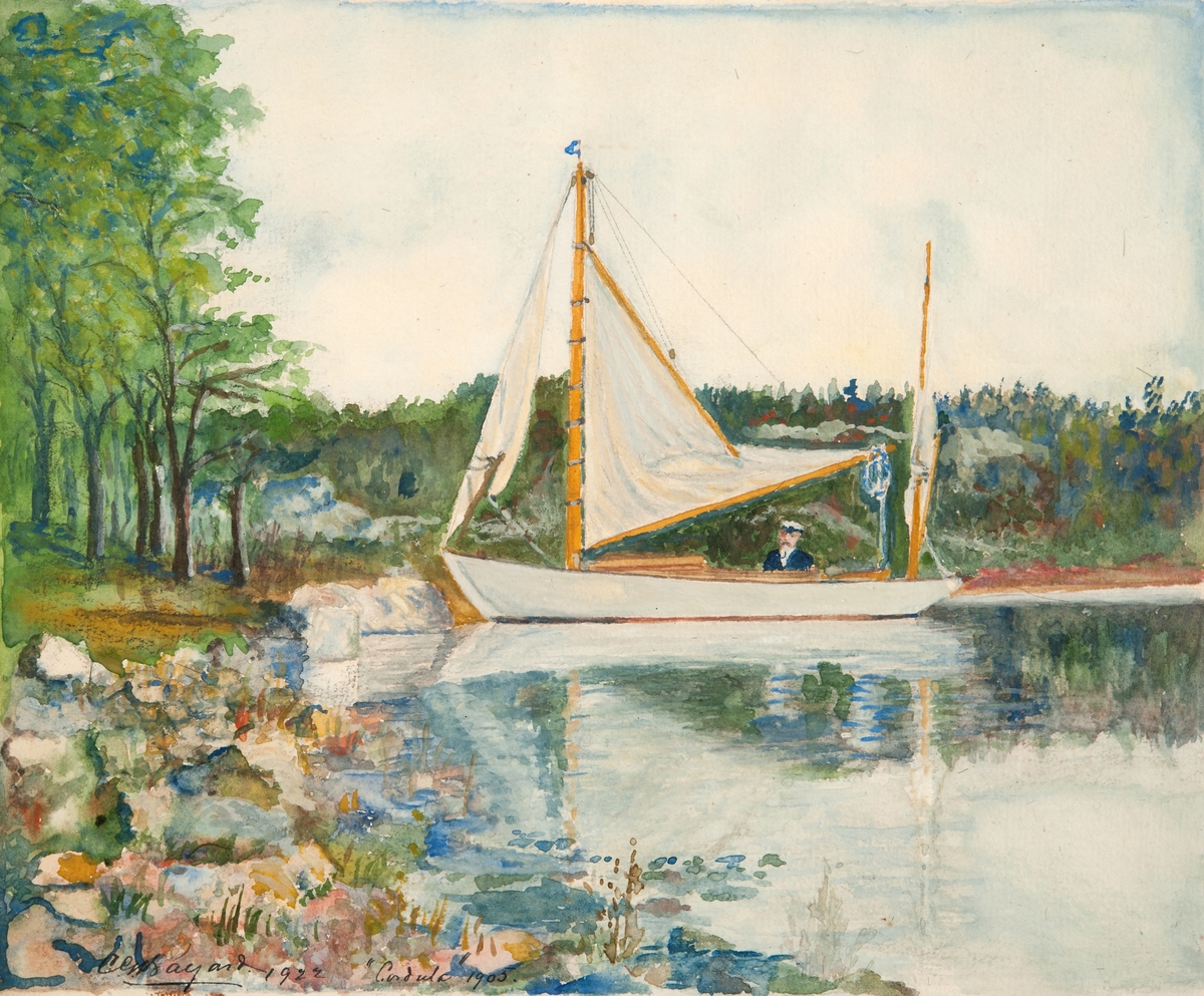 Segelkutter, tvåmastad, med delvis beslagna segel, förtöjd vid en grönskande strand.
Ombord synes varvsägaren m.m. C. G. Bayard.
Gåva av teckningslärarinnan fröken Elin Bayard, Herman Ygbergs väg 6, Äppelviken, år 1946. 2-mastad kutter