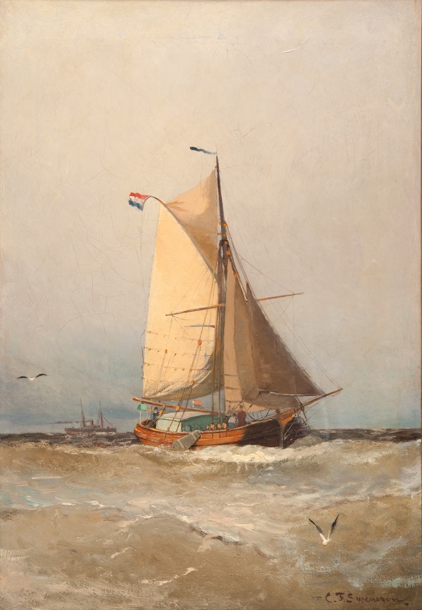 Tjalk seglande i hårt väder, sedd mot styrbords bog. Holländsk flagg. Akter om fartyget en ångbåt.
Christian Fredrik Swensson (1838-1909).