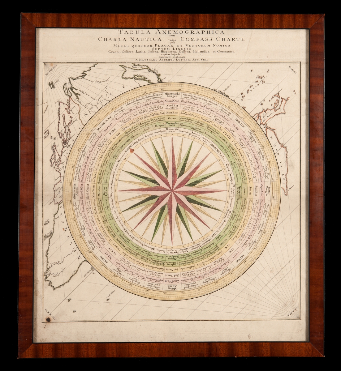 "Tabula Anemographica seu Charta Nautica vulgo qua Compars Charte". Kompassros med streckens benämning på grekiska, latin, italienska, spanska, franska, holländska och tyska.