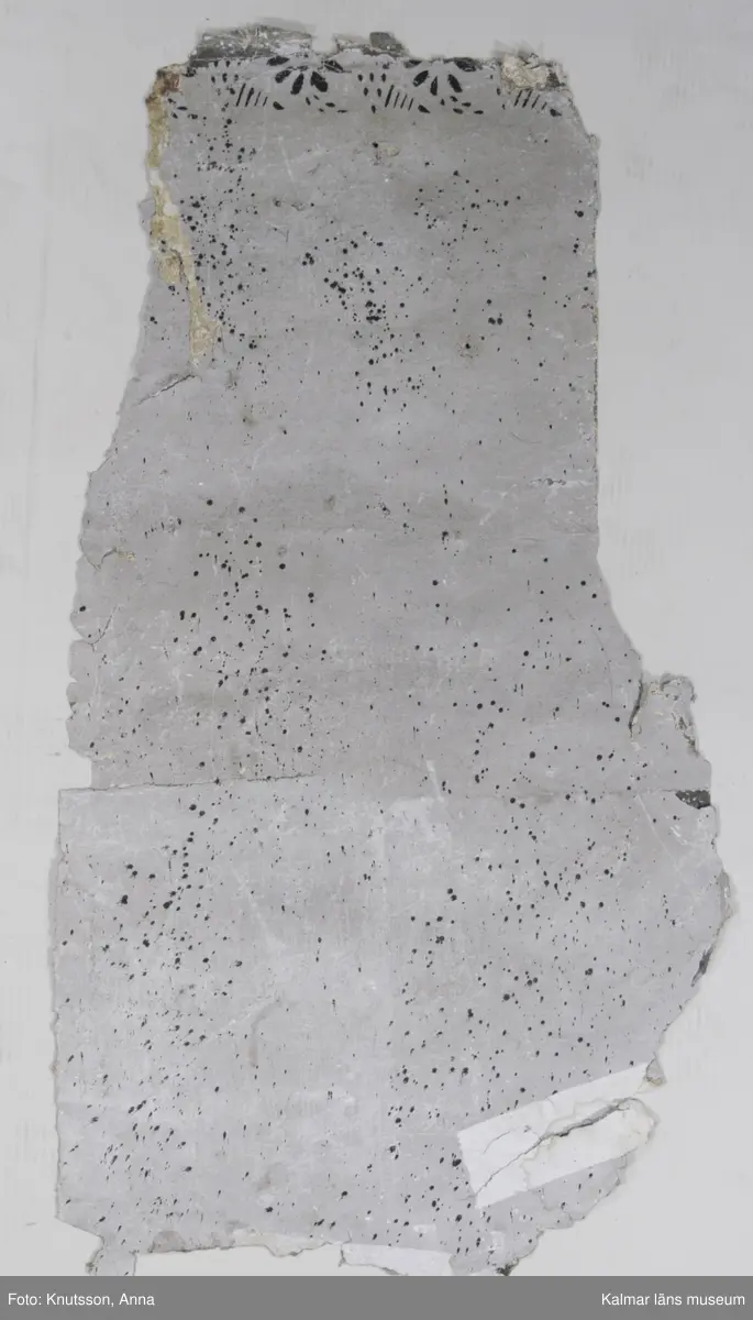 KLM 43871 Tapet i papper. 13 bitar. Mått: minsta 8 x 4 cm. Ljusgrå stänktapet med stänk i svart, med schablonmålad bård i svart på samma grå bakgrund. Bitarnas baksida har motiv från tre olika tapeter. En är målad med stora blommönster i dova färger: rosa, vitt, grönt och rött med blommor i lysande cinnoberrött. En annan har mustigt gröna bladrankor i diagonalrutor, med mustigt gröna blommor inuti. Tapeten har grå botten. Den tredje har vit botten med spridda blomsterbuketter i klara färger, gröna blad med blommor i rött och orange-gult. Datering: De målade tapeterna är 1700-tal. Någon gång under 1800-talet har man vänt på tapeterna och stänkmålat dem.