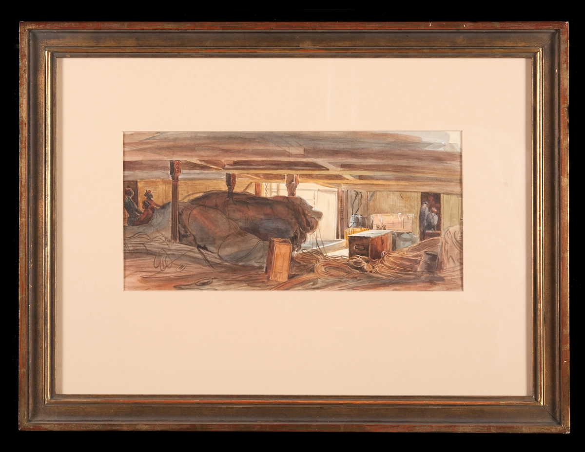 Interiör från mellandäck på en Ostindiefarare. Segel och tågvirke i förgrunden.