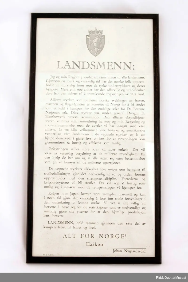 Proklamasjon til Landsmenn fra kong Haakon og Johan Nygaardsvold
