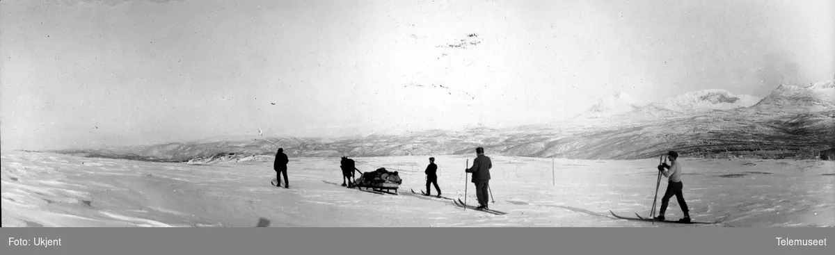 Telegrafdirektør Heftyes reise i Nord- Norge 1911. Hestetransport og skigåere på toppen av Saltfjellet 9.mars.