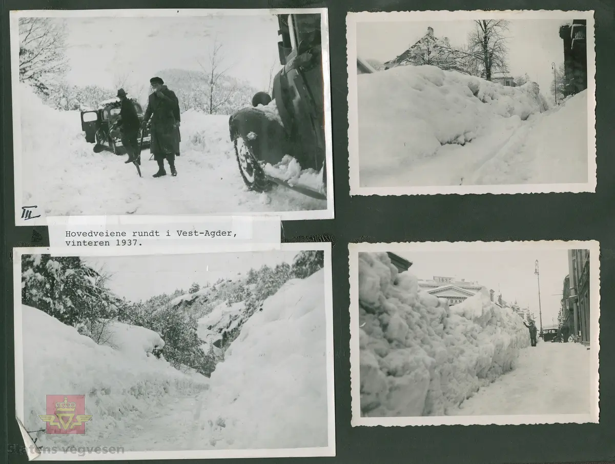 Bildet er fra hovedveiene rundt i Vest-Agder vinteren 1937. Store snømengder. Ref. til "Meddelelser fra Veidirektøren", Nr. 3-1937. "De vanskelige sneforhold på Sørlandet i år". Av avdelingsingeniør T. Backer. Se vedlegg i Nedlastinger.