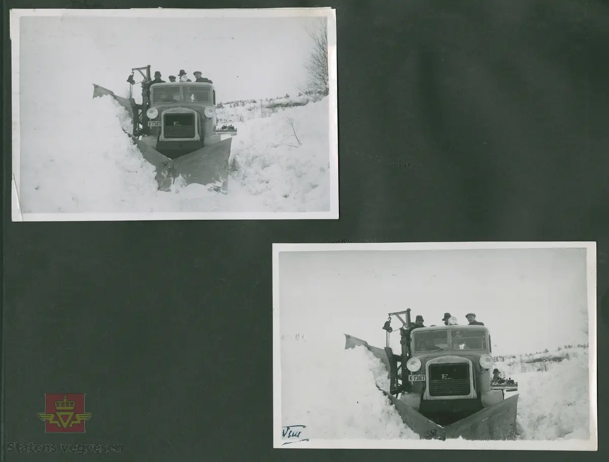 1936 modell FWD lastebil med påmontert sideplog.  Kjennetegn K-7367.  Ref. til "Meddelelser fra Veidirektøren", Nr. 3-1937. "De vanskelige sneforhold på Sørlandet i år". Av avdelingsingeniør T. Backer. Se vedlegg i Nedlastinger der bildet er illustrert i artikkelen.  

Ref. til artikkel om snøploger og snøskjermer i "Vegvesenets redskaper og maskiner 1941," av overingeniør Johs. Eggen. 

25.08.2016: "K-7367 må være registrert ikke lenge etter at redaksjonen for Norges Bilbok 1935 ble avsluttet, sannsynligvis våren det året, siden høyeste nr. i K-7000 serien der er 7319."

02.04.2017: "FWD lastebil 1936 modell på Kvinesheia i Kvinesdal våren 1938. Bildet er tatt på Grunnevannsmyra 100 meter før en kommer til Hitreskog vegen på veg vestover. Her var en berykta plass når vinden kom fra nord øst, da kom den ut av en dal på ca 3 km og presset seg sammen i bredde til ca. 200 meter. Her var store problem helt fra det første forsøk på å holde vegen oppe hele vinteren første gang 1926-1927. 
På bildet  er Colbjørnsen  til høyre i bildet med hatt, han var leverandør av både bil og sideplog. Der er flere bilder fra denne befaringen. Stedsnavn i dalen bak bilen heter Jammerdalen, navnet kom av når de bygde Møskedalsvegen over Kvinesheia som var ferdig  1907, så frøs arbeiderne noe forferdelig i vinden i den trange dalen." 
Ref. til "Meddelelser fra Veidirektøren", Nr. 3-1937. "De vanskelige sneforhold på Sørlandet i år". Av avdelingsingeniør T. Backer.