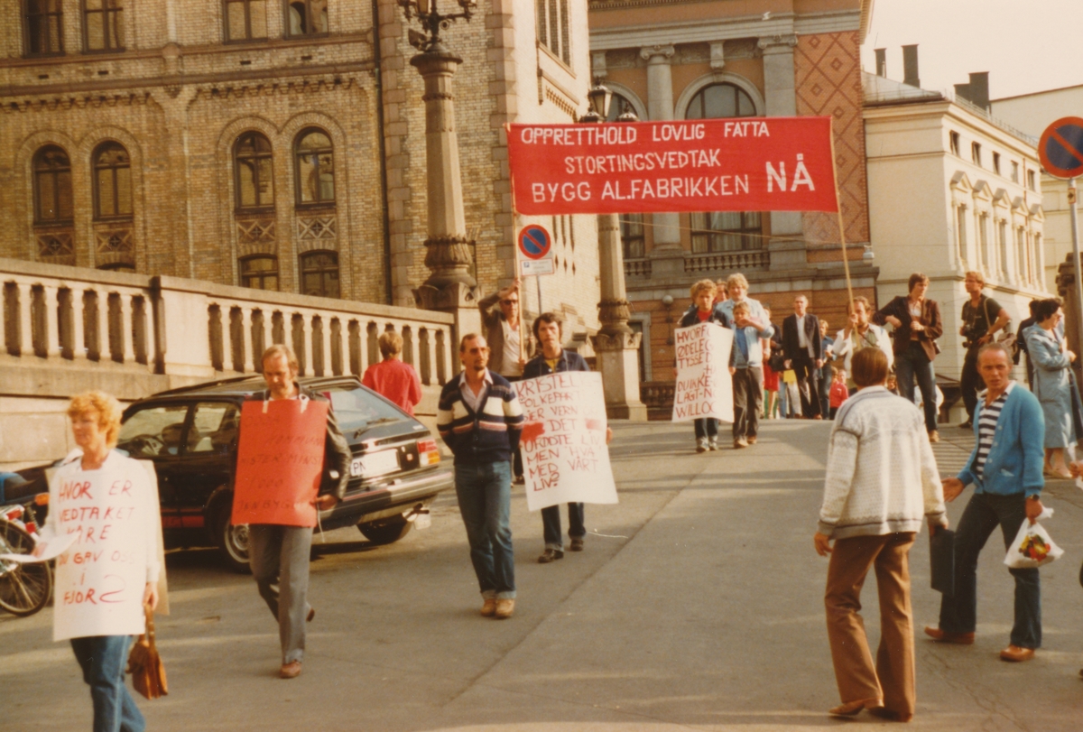 Tyssedøler går i demonstrasjonstog på Løvebakken foran Stortinget.