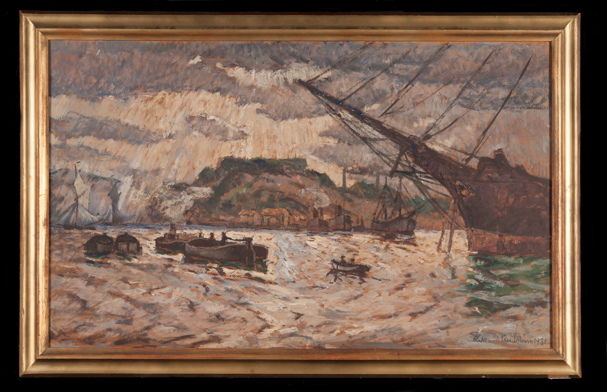 Stockholms ström mot Fåfängan. I förgrunden pråmar. Till höger segelfartygsstäv. Till vänster vedjakt.