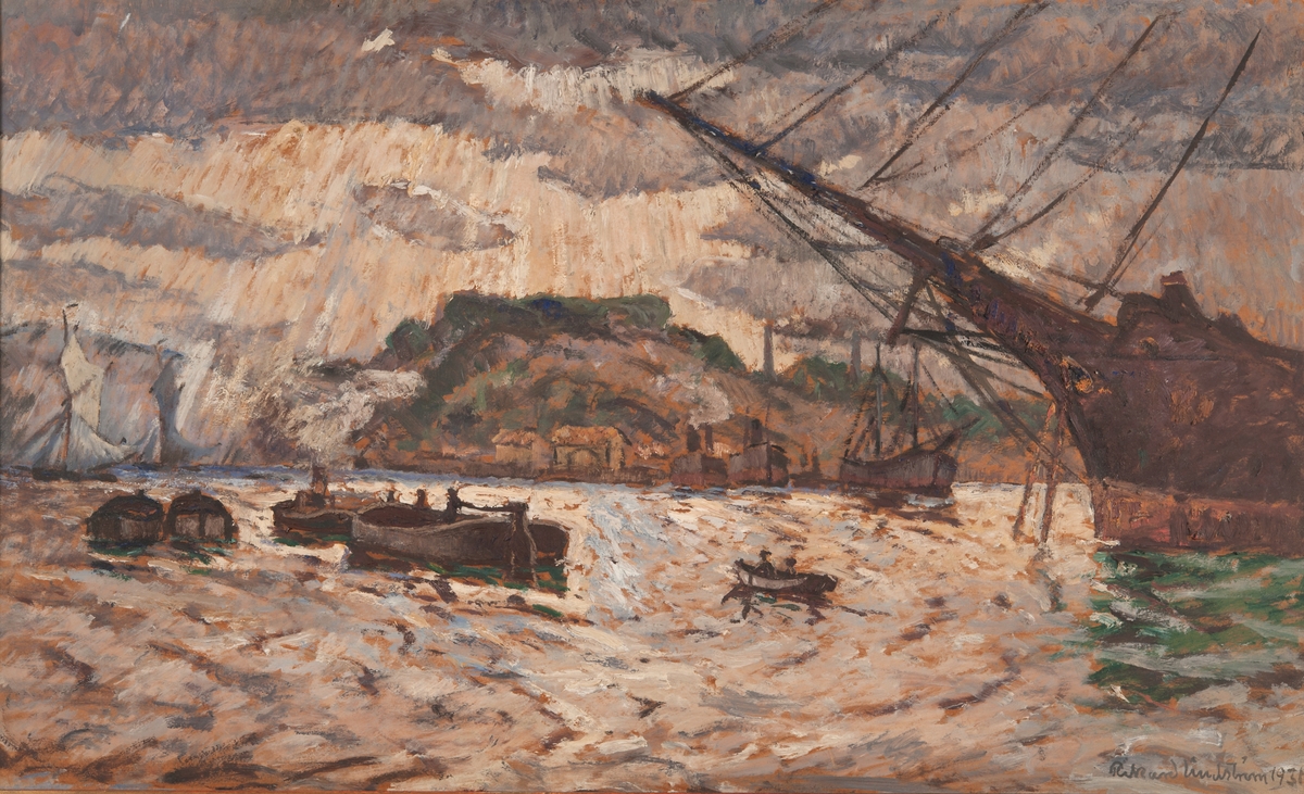 Stockholms ström mot Fåfängan. I förgrunden pråmar. Till höger segelfartygsstäv. Till vänster vedjakt.