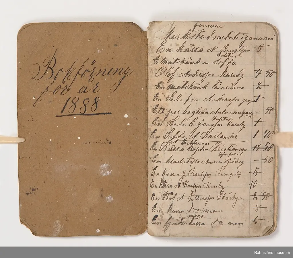 Handskriven bokföringsbok 1888 för målare Olof Carlander (1850 – 1901), Kareby. Omslag av brun kartong eller lumppapper, inlaga av blålinjerat gulnat papper.
På omslagets framsida "Carlander", på insidan "Bokföring för år 1888", på baksidan "Målare Carlander Hanekullen".