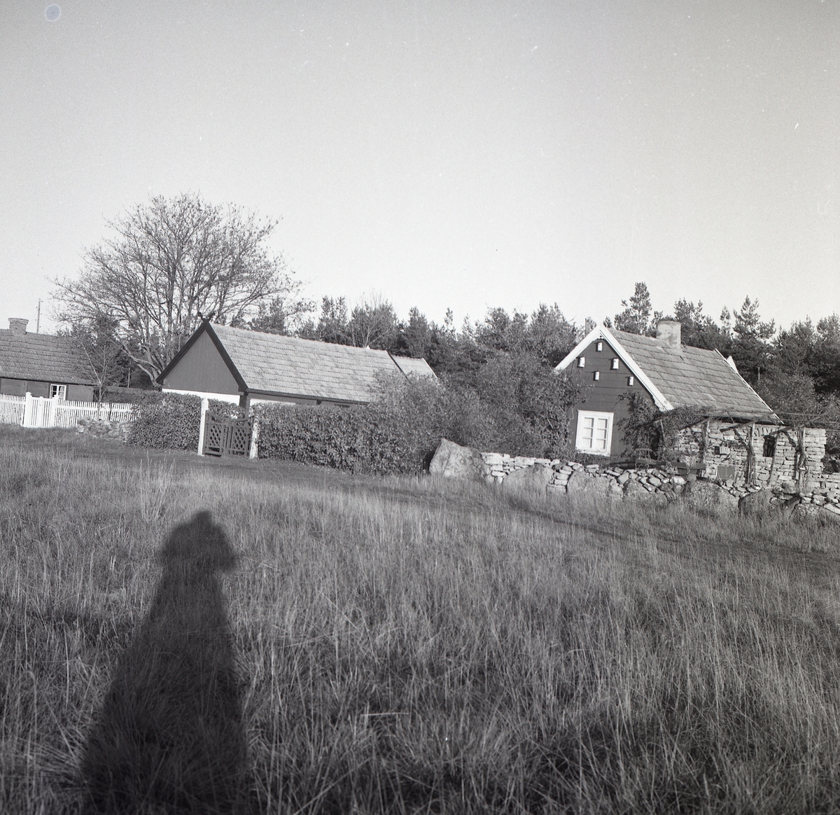 En gård som har en ekonomibyggnad och ett bostadshus.