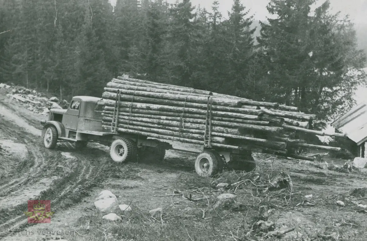 "Det ble importert flere hundre FWD modell HAR og SU-COE  fra "surplus"-lageret (overskuddsmateriell) i England. Mange av disse ble solgt til Statens veivesen og til annen tungtransport. Prisen var ca. 1/4 part av ny bil fra fabrikken."  I følge merking i album. "Fra Follum - Øyangen 1949." I følge merking i album.  
Bildet viser tømmertransport. Kjennemerke F-13165.