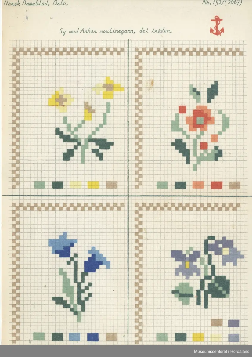 Trykt mønsterark i A4-format til brodert tekstil.