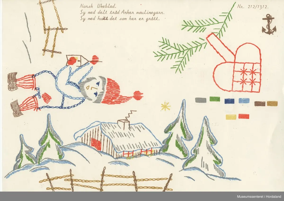 Trykt mønsterark i A4-format til brodert tekstil.